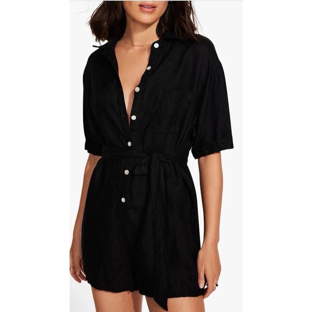 Vitamin AR Playa 100% Linen Cover-Up Romper Black Sz S NWT $170
